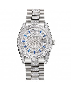 Swiss Rolex Day Date Diamond Pave Dial And Bezel And Stainless Steel Bracelet