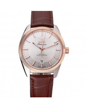 Omega Globemaster Silver Dial Rose Gold Bezel Stainless Steel Case Brown Leather Strap