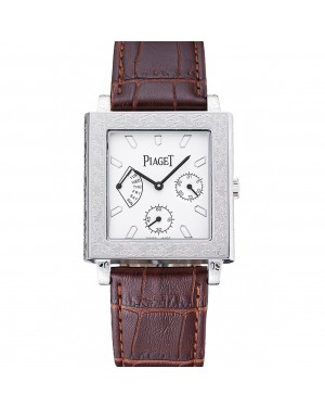 Piaget Emperador Limited Edition White Dial Engraved Silver Case Brown Leather Bracelet 1454138