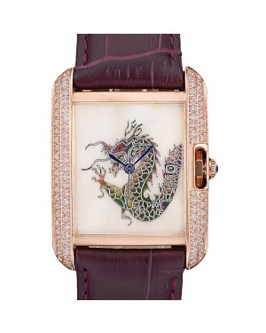 Cartier Tank Anglaise White Dragon Dial Diamonds Gold Case Purple Leather Bracelet