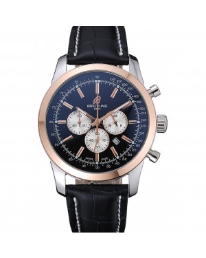 Breitling Transocean Black Dial Black Leather Strap Rose Gold Bezel 98203
