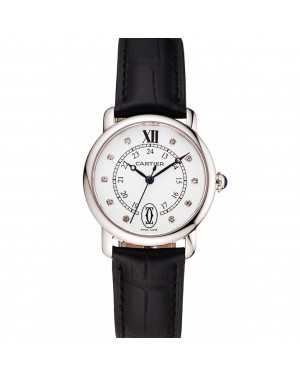 Cartier Ronde White Dial Diamond Hour Marks Stainless Steel Case Black Leather Strap
