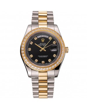Swiss Rolex Day-Date Black Dial Gold Diamond Case Two Tone Stainless Steel Bracelet 1453975