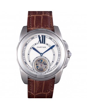 Cartier Calibre Flying Tourbillon White Dial Stainless Steel Case Brown Leather Bracelet