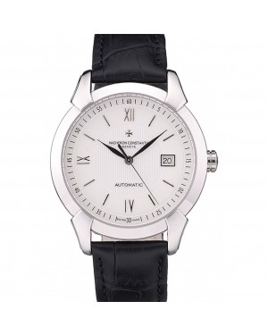 Swiss Vacheron Constantin Traditionnelle White Dial Stainless Steel Case Black Leather Bracelet