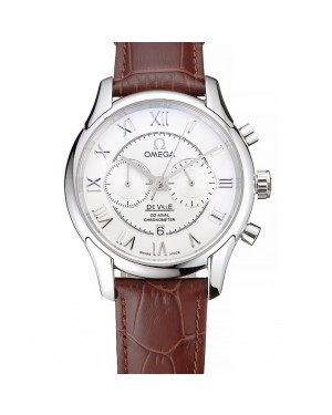 Omega DeVille Silver Bezel with White Dial and Brown Leather Strap 621566