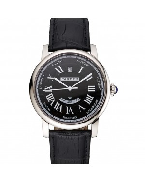 Swiss Cartier Rotonde Annual Calendar Black Dial Stainless Steel Case Black Leather Strap