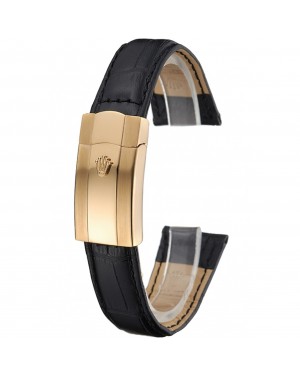 Rolex Black Leather with Gold Clasp Bracelet 622496