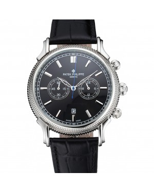 Patek Philippe Chronograph Black Dial Stainless Steel Case Black Leather Strap