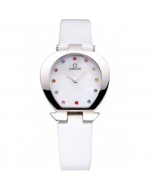 Omega Ladies Watch White Dial With Jewels Stainless Steel Case White Leather Strap 622817