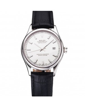 Swiss Rolex Datejust White Dial Stainless Steel Case Black Leather Strap
