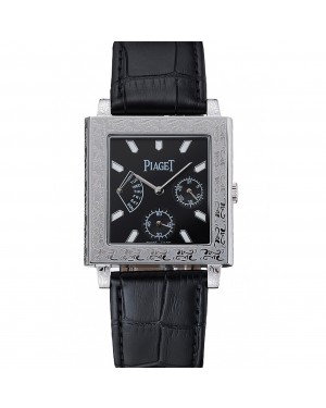 Piaget Emperador Limited Edition Black Dial Engraved Silver Case Black Leather Bracelet 1454136