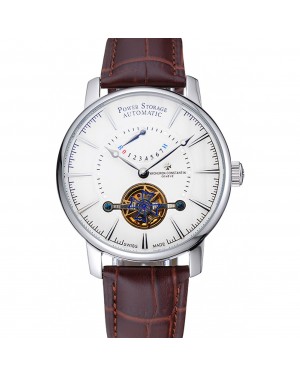 Vacheron Constantin Tourbillion Power Reserve White Dial Silver Case Brown Leather Bracelet 1454275