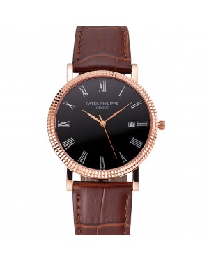 Patek Philippe Calatrava Black Dial Roman Numerals Ribbed Bezel Rose Gold Case Brown Leather Strap