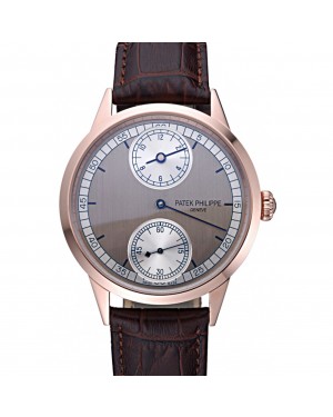 Patek Philippe Geneve Two Dial Gray Dial Rose Gold Bezel Brown Leather Band 622148