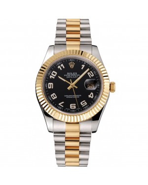 Swiss Rolex Datejust Black Dial Gold Bezel Stainless Steel Case Two Tone Bracelet