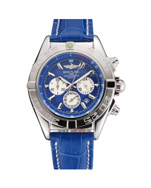 Breitling Chronomat Patrouille De France Blue Dial Stainless Steel Case Blue Leather Strap