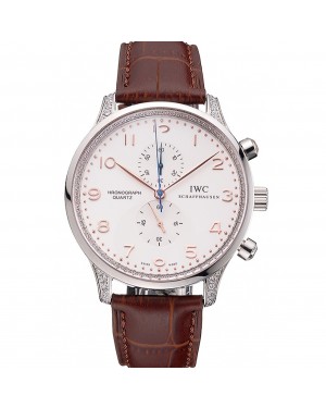 IWC Portugieser Chronograph White Dial Rose Gold Hands And Numerals Steel Case With Diamonds Brown Leather Strap