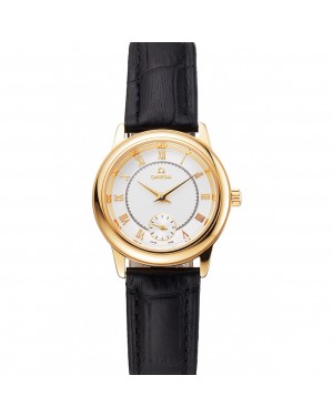 Omega De Ville Prestige Small Seconds White Dial Gold Case Black Leather Strap