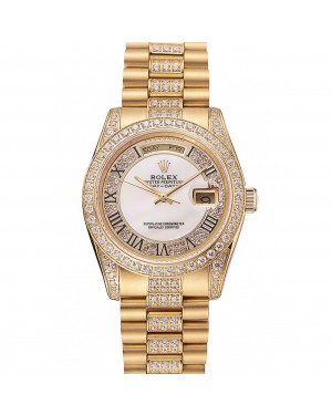 Swiss Rolex Day-Date Diamond Pave White Dial Gold Diamond Bracelet 1453958
