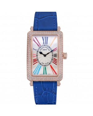 Franck Muller Long Island Classic White Dial Diamonds Case Blue Leather Band 622376