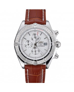Breitling Chronomat 13 Stainless Steel Case White Dial Brown Leather Bracelet 622239