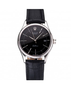 Swiss Rolex Cellini Date Black Dial Stainless Steel Case Black Leather Strap