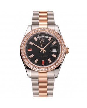 Swiss Rolex Day-Date Diamonds And Rubies Black Dial Rose Gold And Staineless Steel Bracelet 1454106
