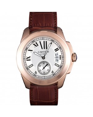 Cartier Calibre White Dial Gold Case Brown Leather Bracelet