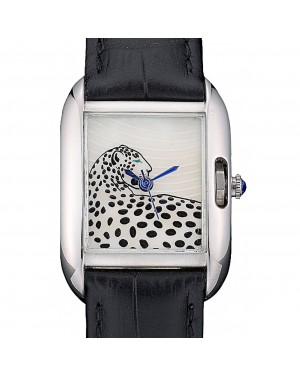 Cartier Tank Anglaise White Tiger Dial Stainless Steel Case Black Leather Bracelet