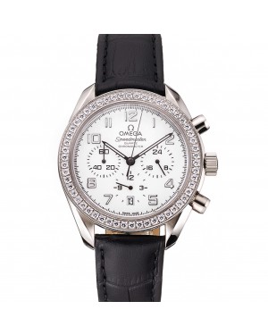 Omega Speedmaster White Dial Stainless Steel Case Diamond Bezel Black Leather Strap
