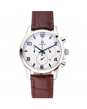 Omega Chronograph White Dial Blue Numerals Stainless Steel Case Brown Leather Strap