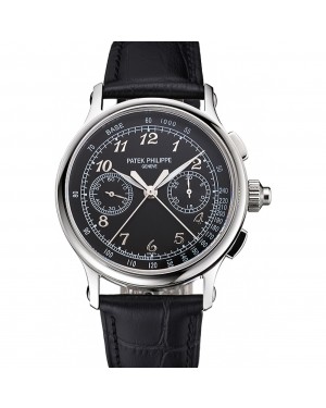 Swiss Patek Philippe Split Seconds Chronograph Black Dial Stainless Steel Case Black Leather Strap
