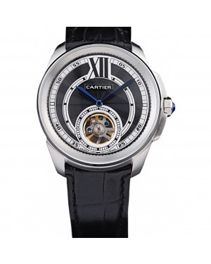 Cartier Calibre Flying Tourbillon Black Dial Stainless Steel Case Black Leather Bracelet