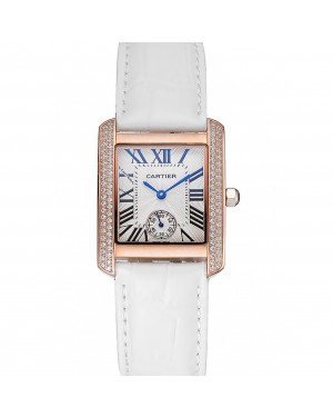Cartier Tank MC Gold Diamond Case White Dial White Leather Strap 622169