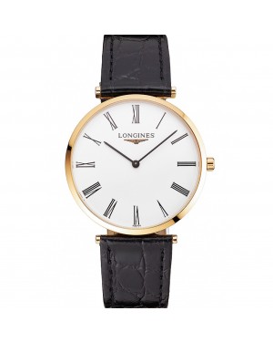Swiss Longines Grande Classique White Dial Roman Numerals Gold Case Black Leather Strap