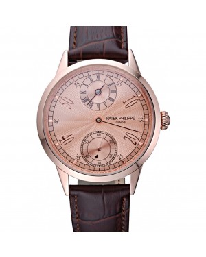 Patek Philippe Geneve Two Dial Rose Dial Rose Gold Bezel Brown Leather Band 622149
