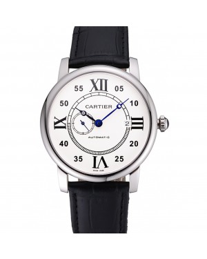 Swiss Cartier Rotonde Solo White Dial Silver Case Black Leather Strap