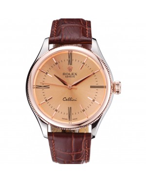 Rolex Cellini Gold Dial And Bezel Stainless Steel Case Brown Leather Strap 622840
