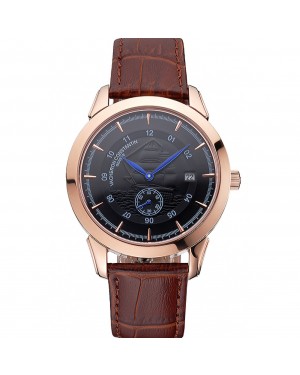 Vacheron Constantin Traditionnelle Black Ship Dial Rose Gold Case Brown Leather Strap