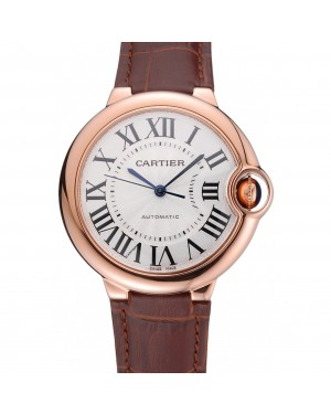 Swiss Ballon Blue De Cartier Gold Case White Dial Roman Numerals Brown Leather Bracelet 622651