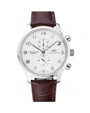 IWC Portugieser Chronograph White Dial Steel Hands And Numerals Stainless Steel Case Brown Leather Strap