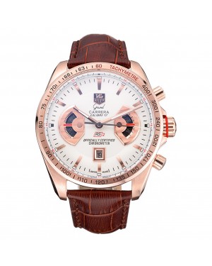 Tag Heuer Carrera Rose Gold Case White Dial Brown Leather Strap 98245