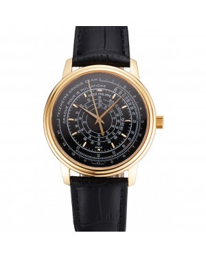 Swiss Patek Philippe Multi-Scale Chronograph Black Dial Gold Case Black Leather Strap