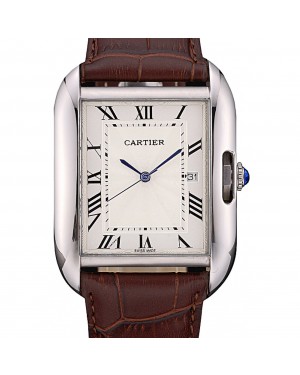 Cartier Tank Anglaise 36mm White Dial Stainless Steel Case Brown Leather Bracelet