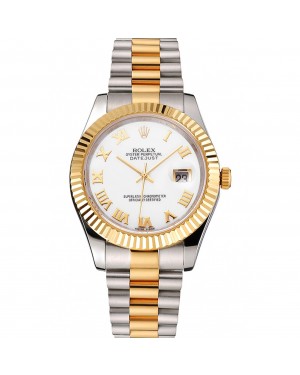 Swiss Rolex Datejust White Dial Roman Numerals Gold Bezel Stainless Steel Case Two Tone Bracelet