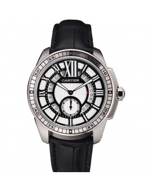 Cartier Calibre De Cartier Small Seconds Black And White Dial Stainless Steel Case Black Leather Strap
