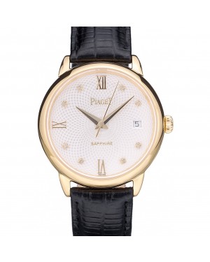 Piaget Swiss Traditional White Radial Pattern Dial Black Leather Strap 7635