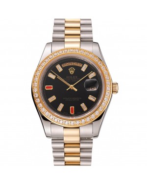 Swiss Rolex Day-Date Diamonds And Rubies Black Dial Two Tone Bracelet 1454105