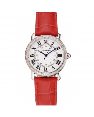 Cartier Ronde White Dial Diamond Bezel Stainless Steel Case Red Leather Strap